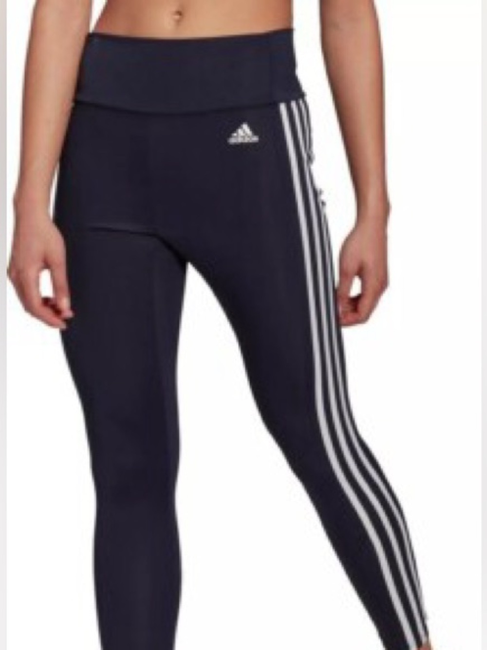 Adidas Navy Leggings with White Three-Stripe Side Size Large
